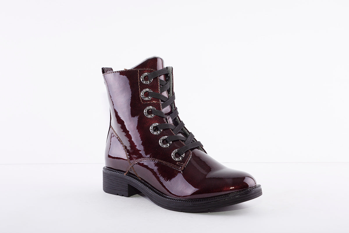 JANA - 25264 LOW HEEL LACED ANKLE BOOT WITH ZIP - WINE PATENT