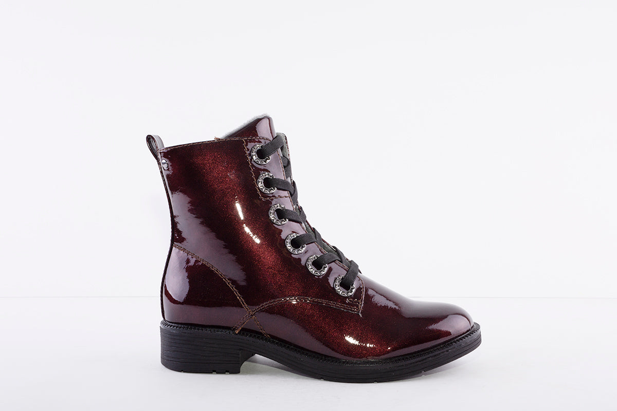 JANA - 25264 LOW HEEL LACED ANKLE BOOT WITH ZIP - WINE PATENT