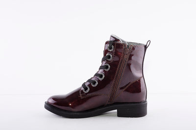 JANA - 25264 LOW HEEL LACED ANKLE BOOT WITH ZIP - WINE PATENT