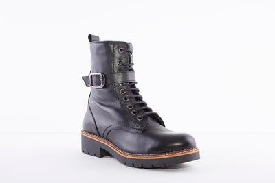 MARIA JAEN - 3042 LOW HEEL LACE (ZIP) FASHION ANKLE BOOT - BLACK LEATHER
