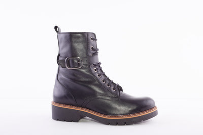 MARIA JAEN - 3042 LOW HEEL LACE (ZIP) FASHION ANKLE BOOT - BLACK LEATHER