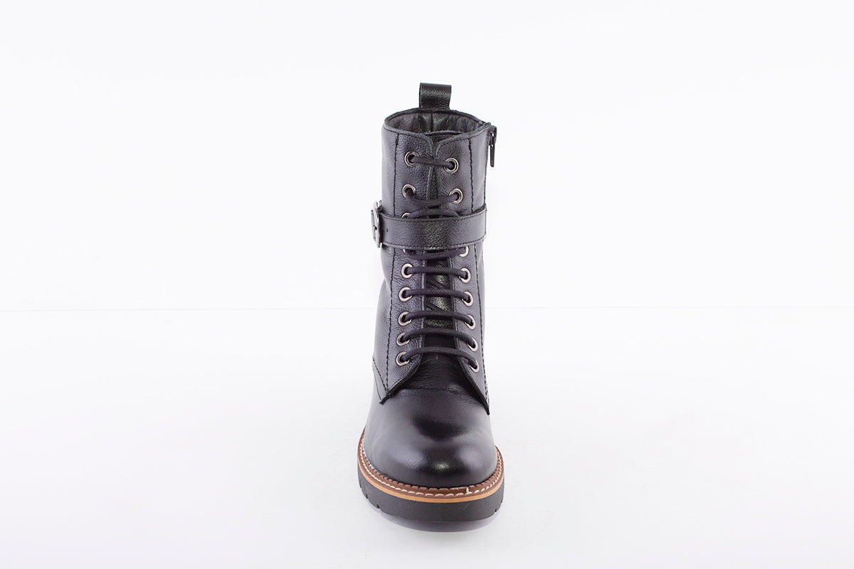 MARIA JAEN - 3042 LOW HEEL LACE (ZIP) FASHION ANKLE BOOT - BLACK LEATHER