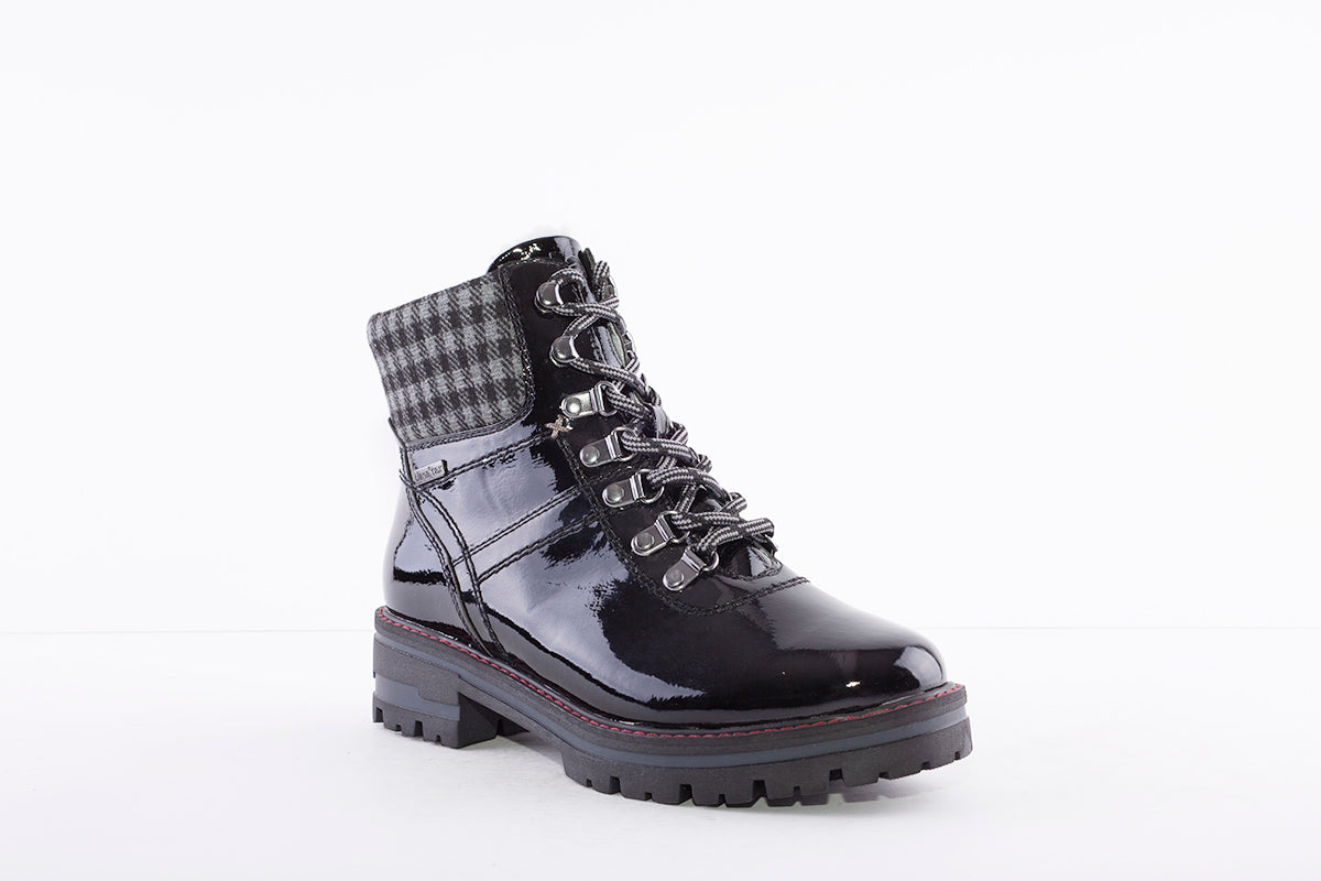 JANA - 26220 LACED LOW HEEL BIKER BOOT WITH MATERIAL CUFF - BLACK PATENT