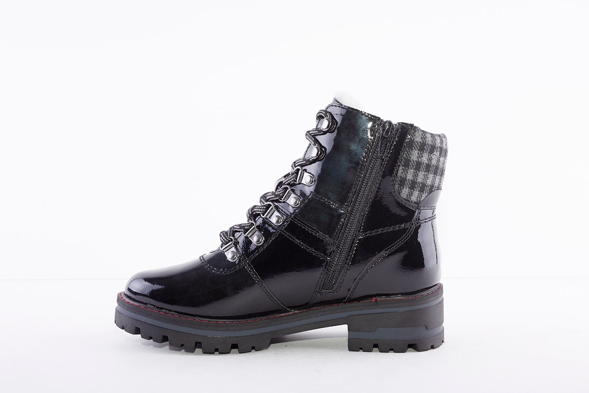 JANA - 26220 LACED LOW HEEL BIKER BOOT WITH MATERIAL CUFF - BLACK PATENT