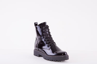 MARCO TOZZI 25224-018 FLAT ZIP/LACE ANKLE BOOT - BLACK PATENT