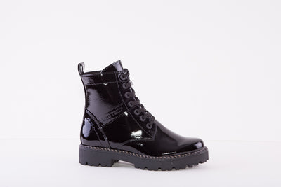 MARCO TOZZI 25224-018 FLAT ZIP/LACE ANKLE BOOT - BLACK PATENT