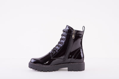 MARCO TOZZI 25224-018 FLAT ZIP/LACE ANKLE BOOT - BLACK PATENT