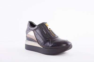 MARCO MOREO - A652 FASHION ZIP WEDGE PLATFORM SHOE - BLACK LEATHER