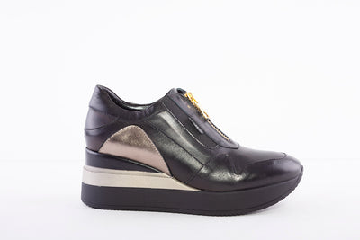 MARCO MOREO - A652 FASHION ZIP WEDGE PLATFORM SHOE - BLACK LEATHER
