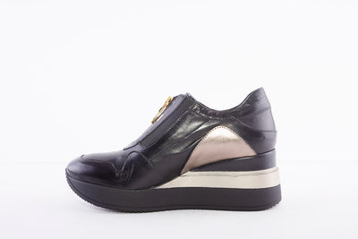 MARCO MOREO - A652 FASHION ZIP WEDGE PLATFORM SHOE - BLACK LEATHER