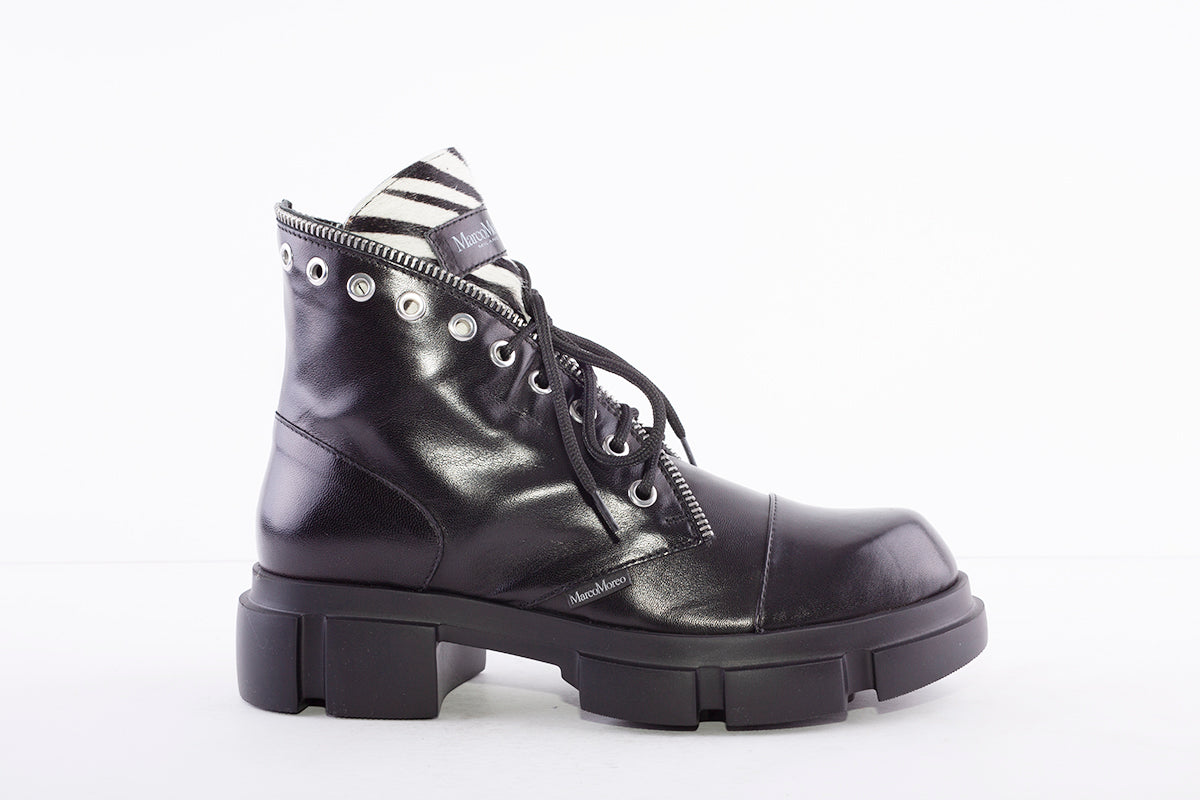 MARCO MOREO - A147 LACED ANKLE BOOT WITH ZIP DETAIL - BLACK LEATHER