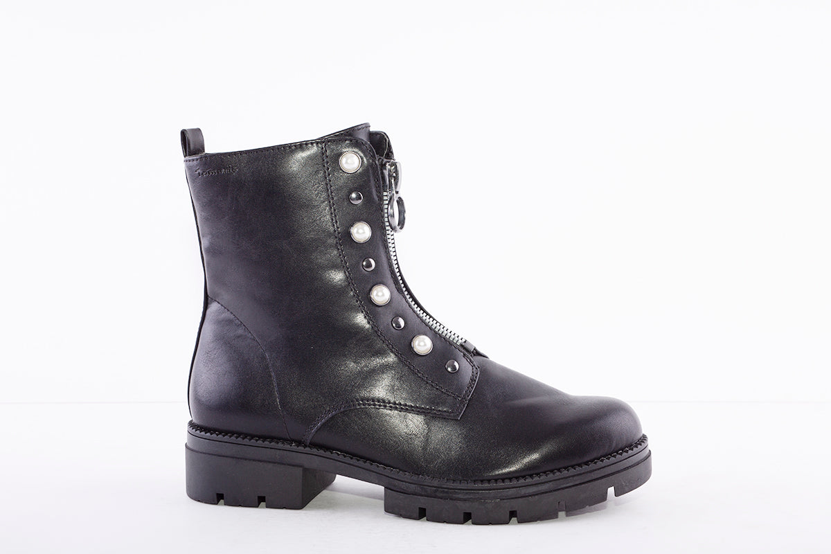 TAMARIS - 25847-001 LOW HEEL ZIP BOOT WITH PEARL DETAIL - BLACK
