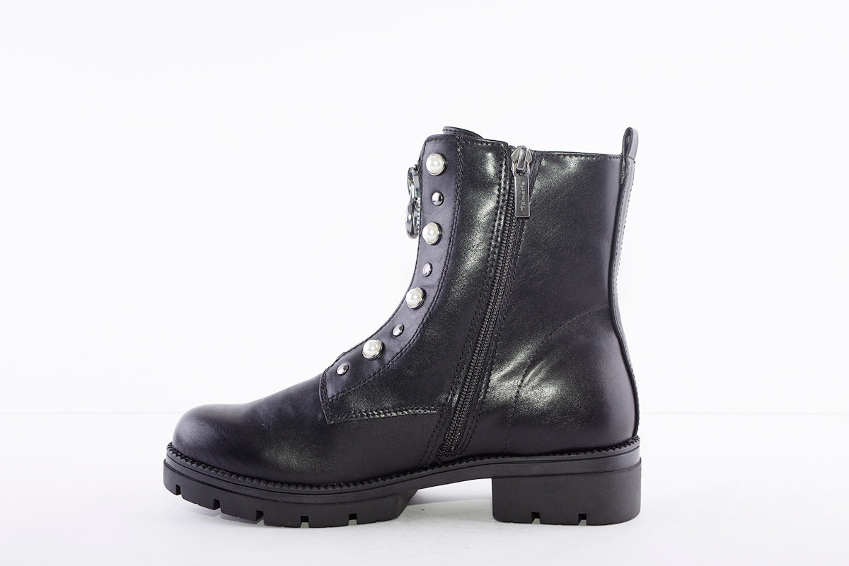 TAMARIS - 25847-001 LOW HEEL ZIP BOOT WITH PEARL DETAIL - BLACK
