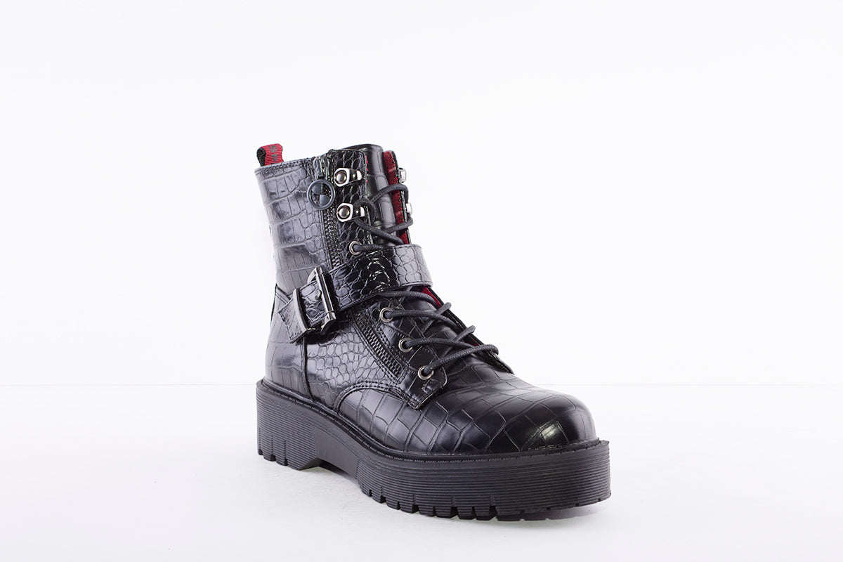SPROX - 536121 LACE UP/ZIP FASHION ANKLE BOOT - BLACK CROC