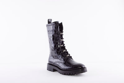 ALPE - 2046 LOW HEEL LACE UP FASHION MID-LENGTH BOOT - BLACK LEATHER CROC