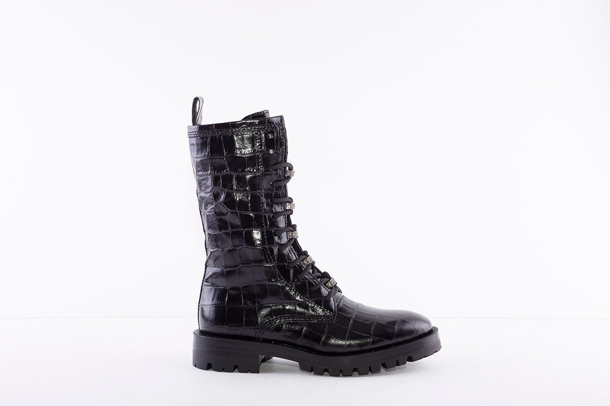 ALPE - 2046 LOW HEEL LACE UP FASHION MID-LENGTH BOOT - BLACK LEATHER CROC
