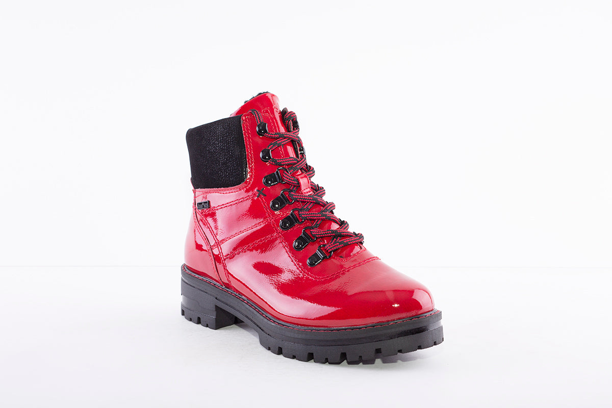 JANA - 26220-505 LACED LOW HEEL BIKER BOOT WITH MATERIAL CUFF - RED PATENT