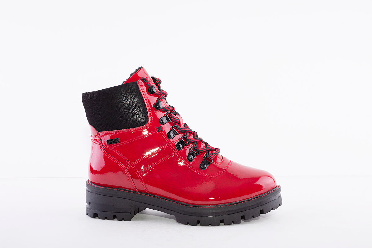JANA - 26220-505 LACED LOW HEEL BIKER BOOT WITH MATERIAL CUFF - RED PATENT