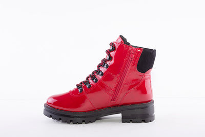 JANA - 26220-505 LACED LOW HEEL BIKER BOOT WITH MATERIAL CUFF - RED PATENT