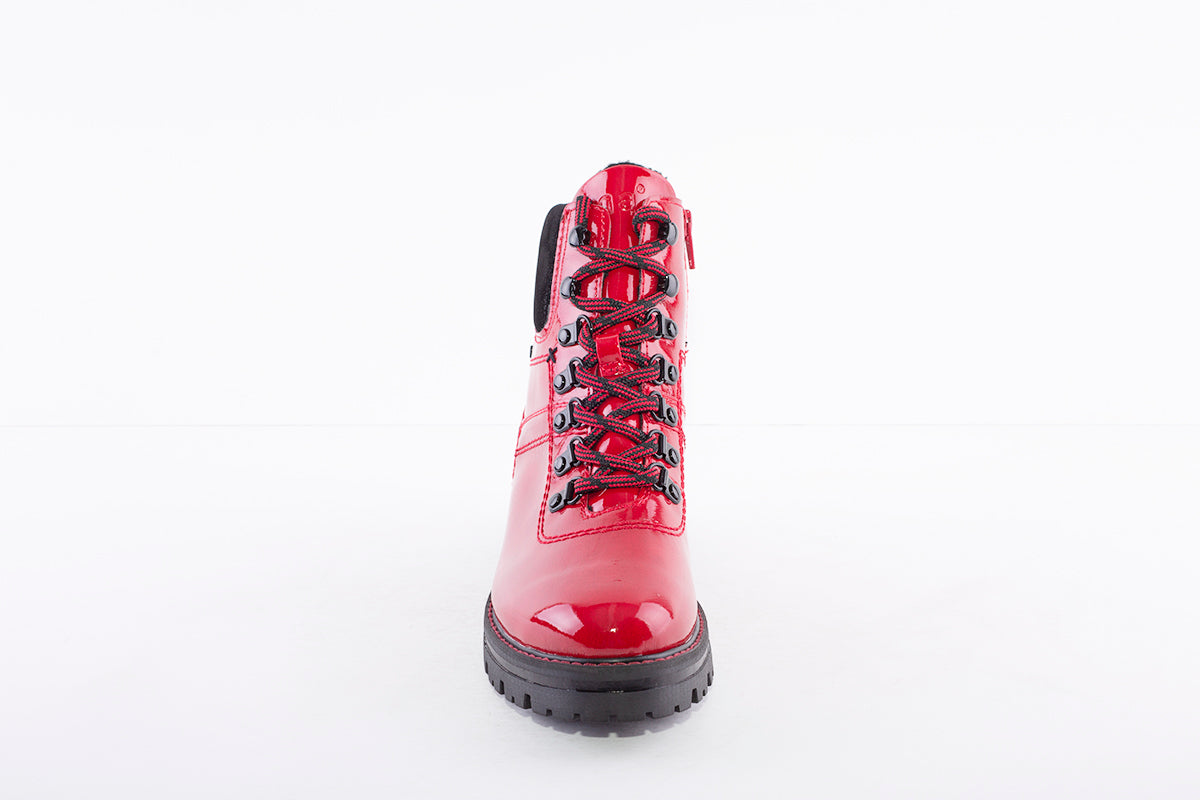 JANA - 26220-505 LACED LOW HEEL BIKER BOOT WITH MATERIAL CUFF - RED PATENT