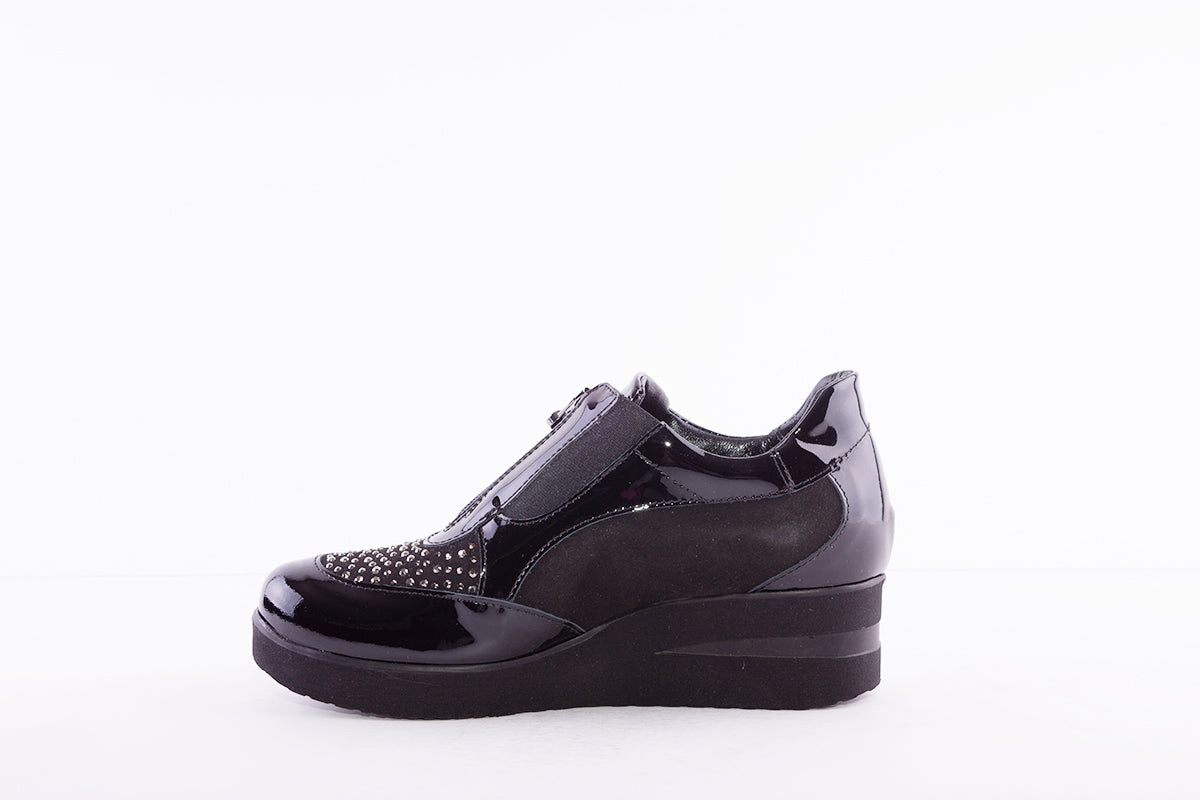 MARCO MOREO - A502 WEDGE FASHION SHOE WITH FRONT ZIP - BLACK PATENT