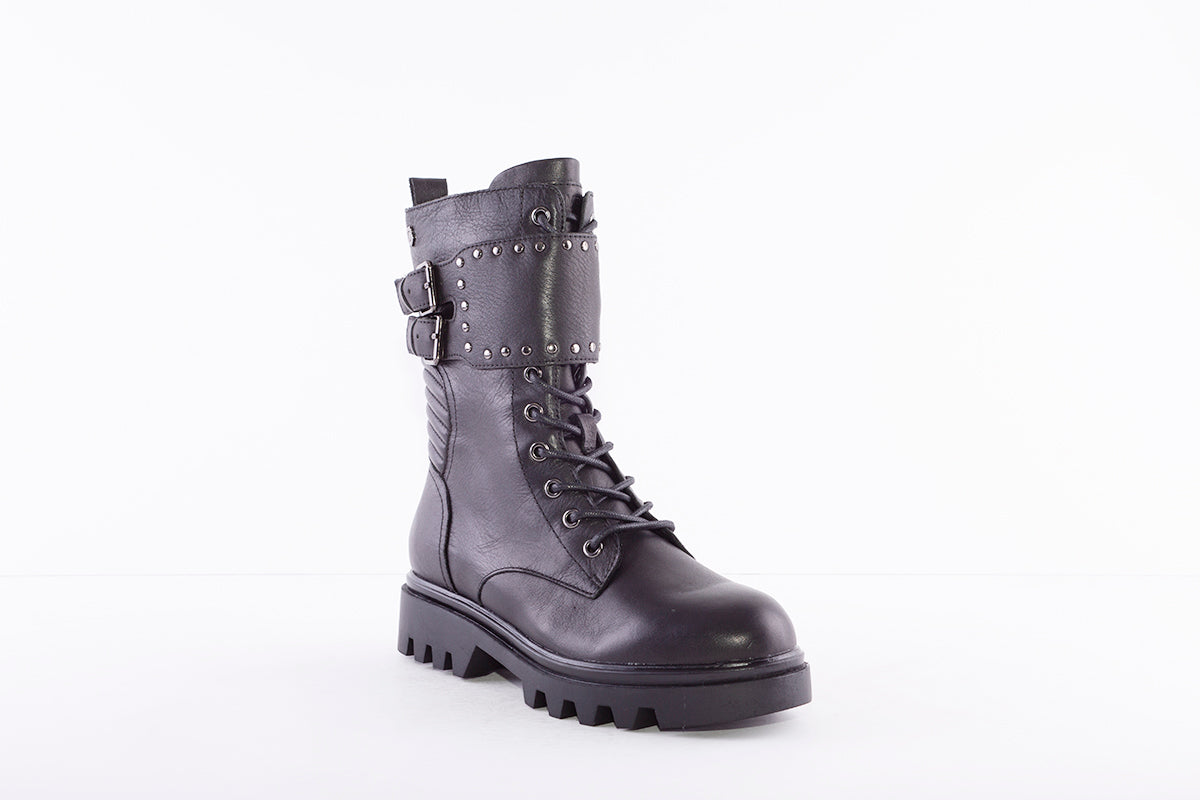 CARMELA - 67947 LOW HEEL ZIP/LACE BUCKLE FASHION ANKLE BOOT - BLACK LEATHER