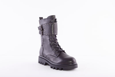 CARMELA - 67947 LOW HEEL ZIP/LACE BUCKLE FASHION ANKLE BOOT - BLACK LEATHER