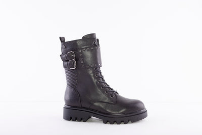 CARMELA - 67947 LOW HEEL ZIP/LACE BUCKLE FASHION ANKLE BOOT - BLACK LEATHER
