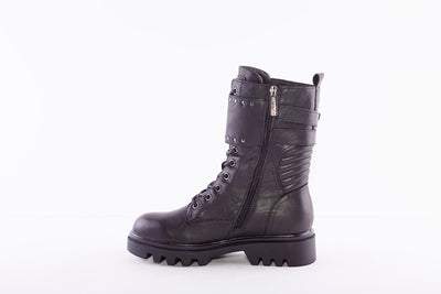 CARMELA - 67947 LOW HEEL ZIP/LACE BUCKLE FASHION ANKLE BOOT - BLACK LEATHER