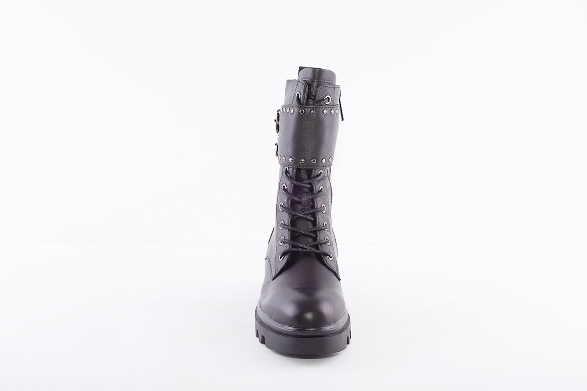 CARMELA - 67947 LOW HEEL ZIP/LACE BUCKLE FASHION ANKLE BOOT - BLACK LEATHER