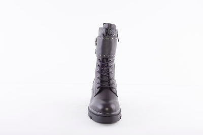 CARMELA - 67947 LOW HEEL ZIP/LACE BUCKLE FASHION ANKLE BOOT - BLACK LEATHER