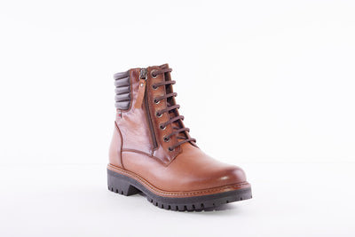 PEPE MENARGUES - 20309 LOW HEEL LACED ANKLE BOOT WITH SIDE ZIP - TAN LEATHER