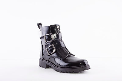 TAMARIS - 25794-018 FRONT ZIP FLAT ANKLE BOOT WITH STRAPS - BLACK PATENT