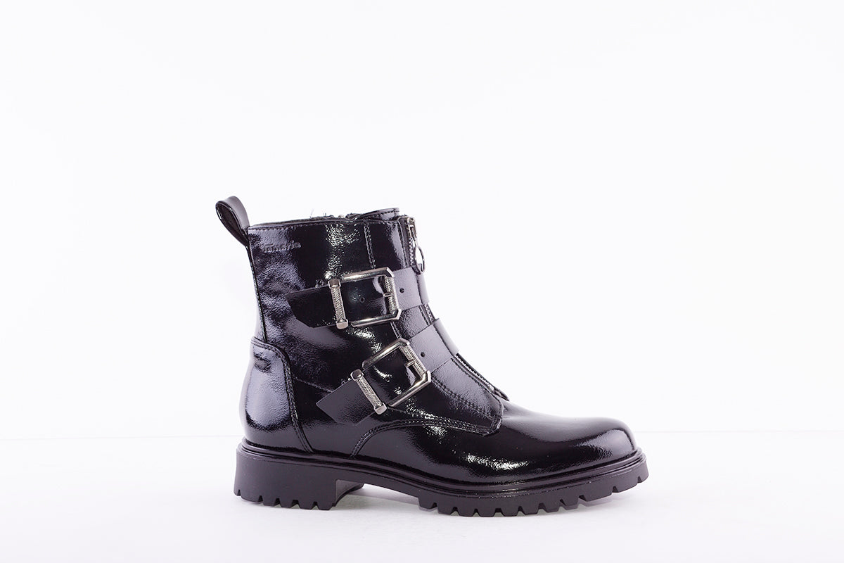 TAMARIS - 25794-018 FRONT ZIP FLAT ANKLE BOOT WITH STRAPS - BLACK PATENT