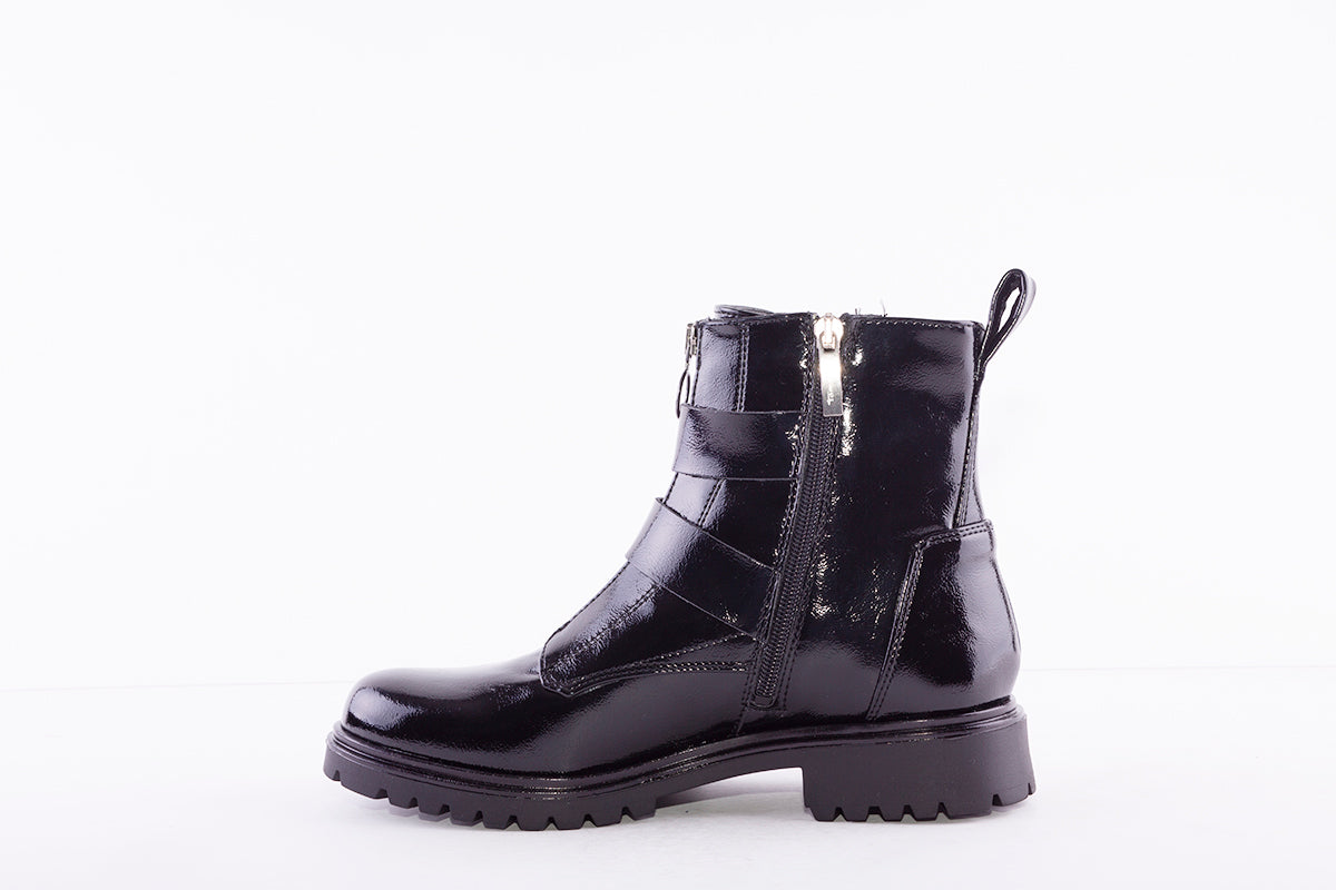 TAMARIS - 25794-018 FRONT ZIP FLAT ANKLE BOOT WITH STRAPS - BLACK PATENT