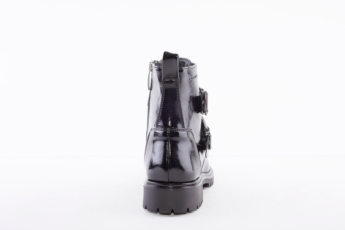 TAMARIS - 25794-018 FRONT ZIP FLAT ANKLE BOOT WITH STRAPS - BLACK PATENT