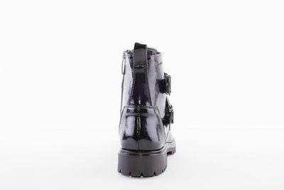 TAMARIS - 25794-018 FRONT ZIP FLAT ANKLE BOOT WITH STRAPS - BLACK PATENT