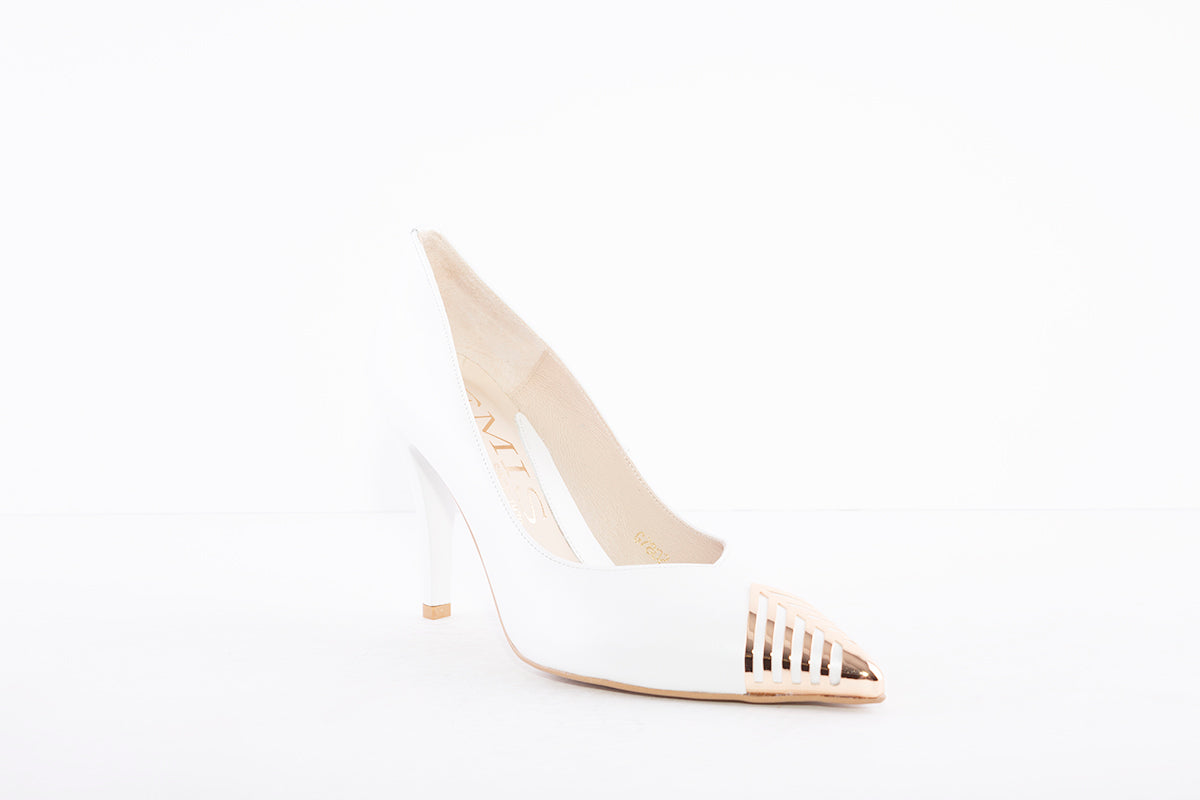 EMIS - 7802 HIGH HEEL COURT SHOE - WHITE/GOLD