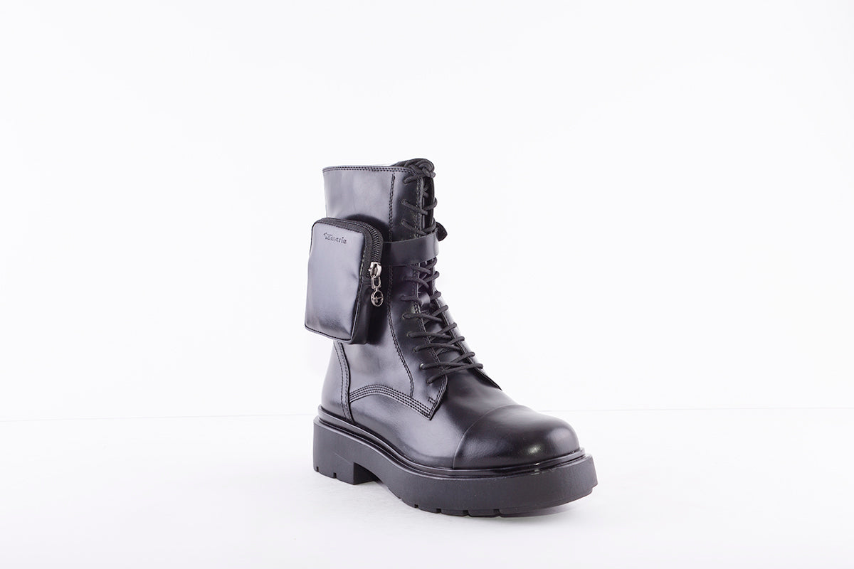TAMARIS - 25292-001 LOW HEEL BIKER LACE UP ANKLE BOOT - BLACK