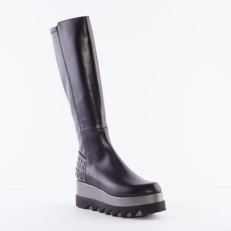 MARCO MOREO - A193 LONG BOOT WITH WEDGE PLATFORM - BLACK LEATHER