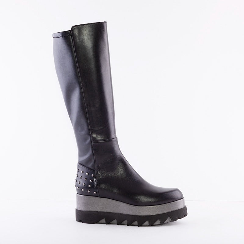 MARCO MOREO - A193 LONG BOOT WITH WEDGE PLATFORM - BLACK LEATHER