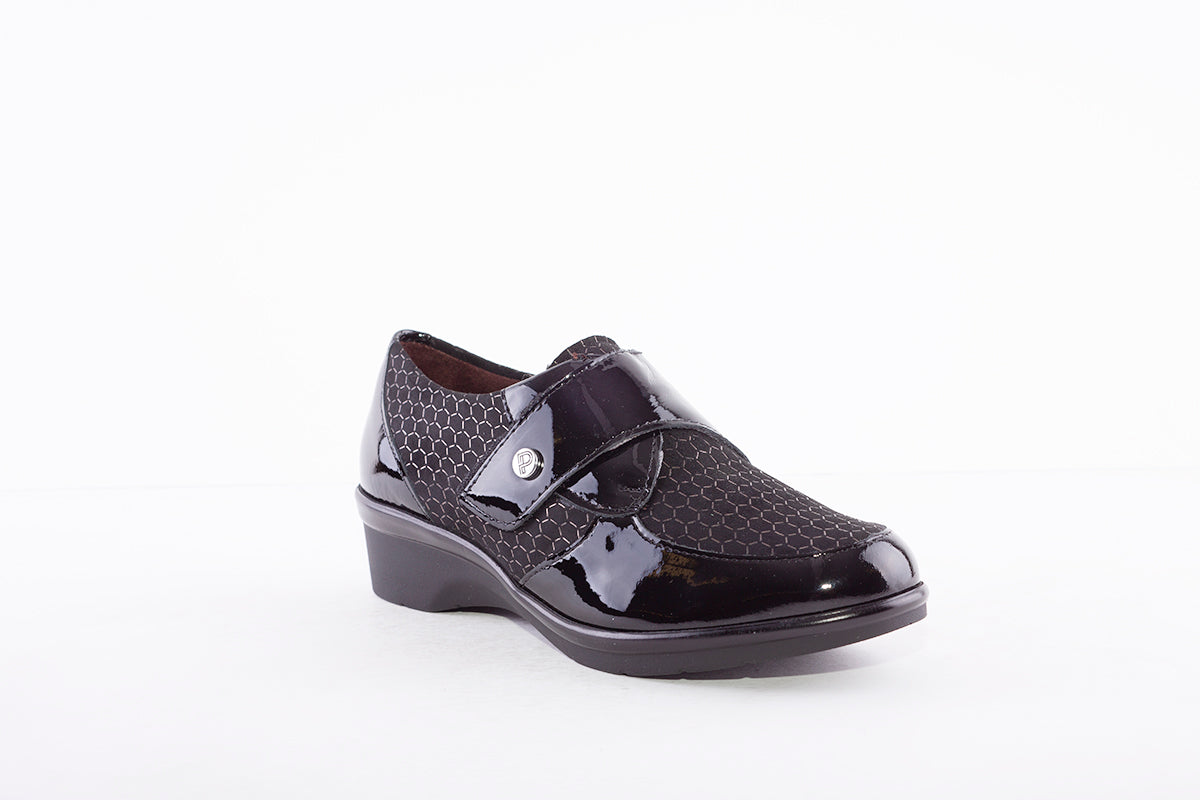 PITILLOS - 1011 LOW WEDGE VELCRO STRAP COMFORT SHOE - BLACK PATENT MIX