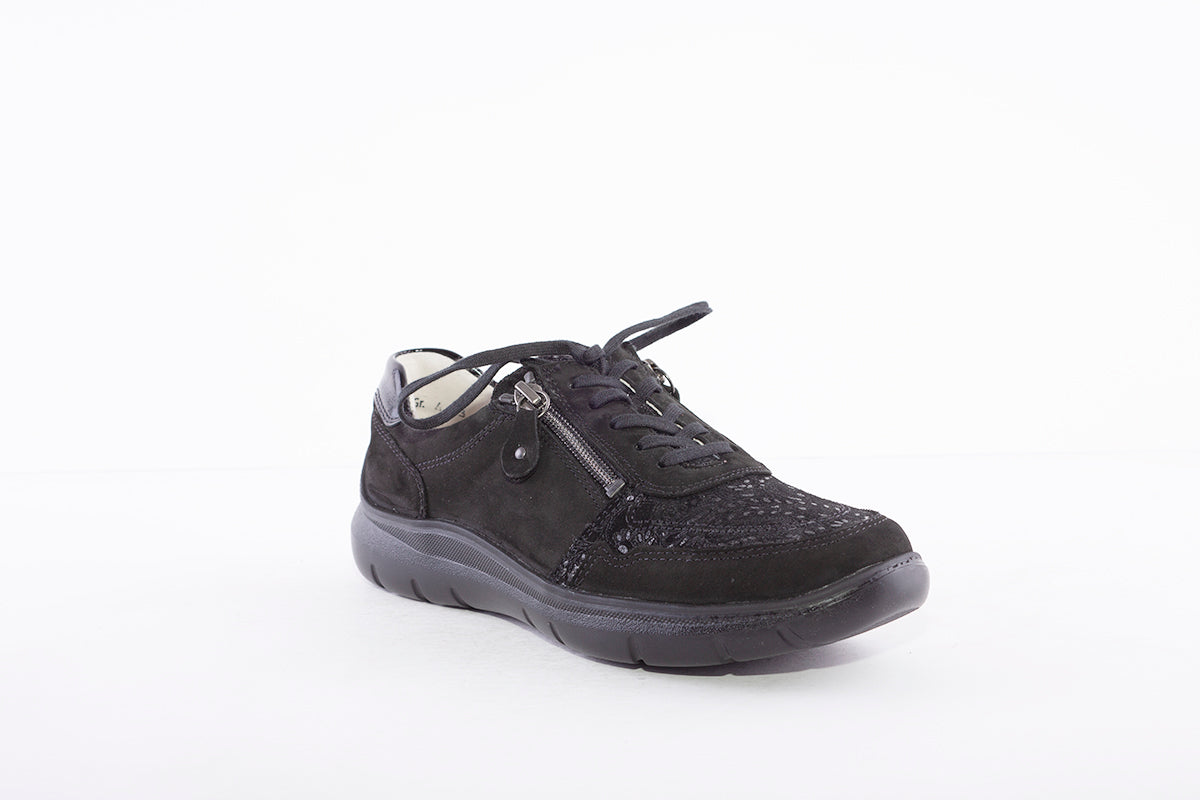 WALDLAUFER - 796002 309 LEONIE LACE UP SHOE WITH ZIP - BLACK SUEDE