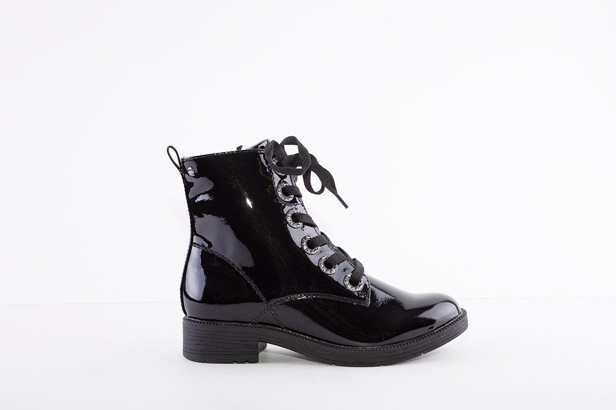 JANA - 25264-018 LOW HEEL LACE UP ANKLE BOOT WITH ZIP - BLACK PATENT