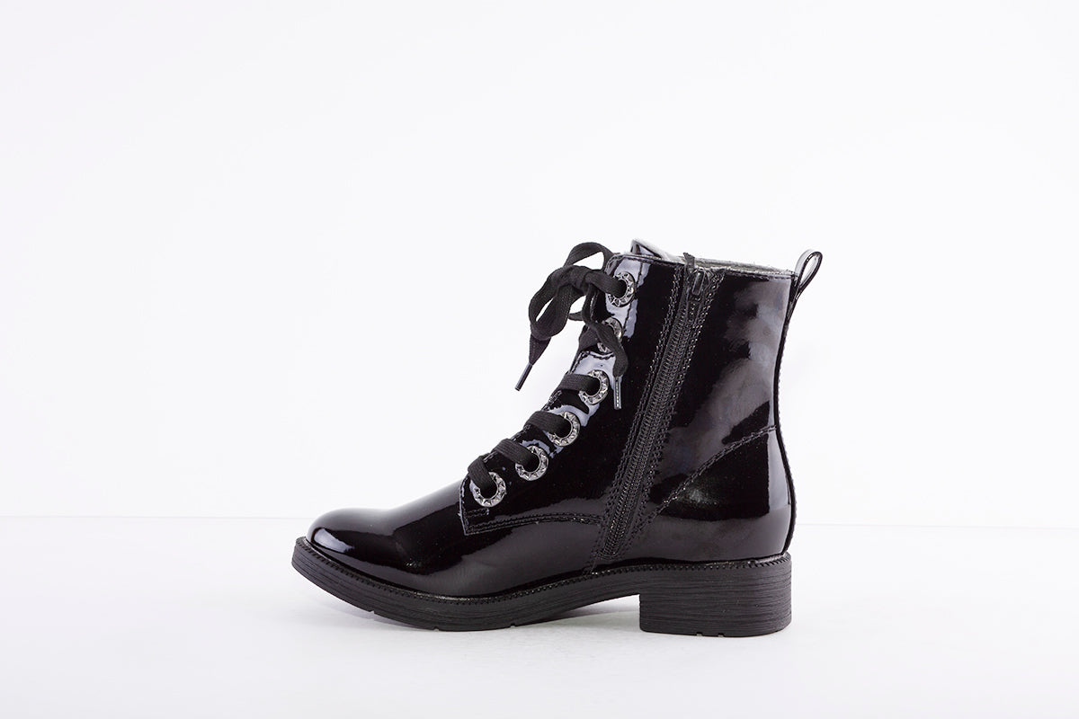 JANA - 25264-018 LOW HEEL LACE UP ANKLE BOOT WITH ZIP - BLACK PATENT