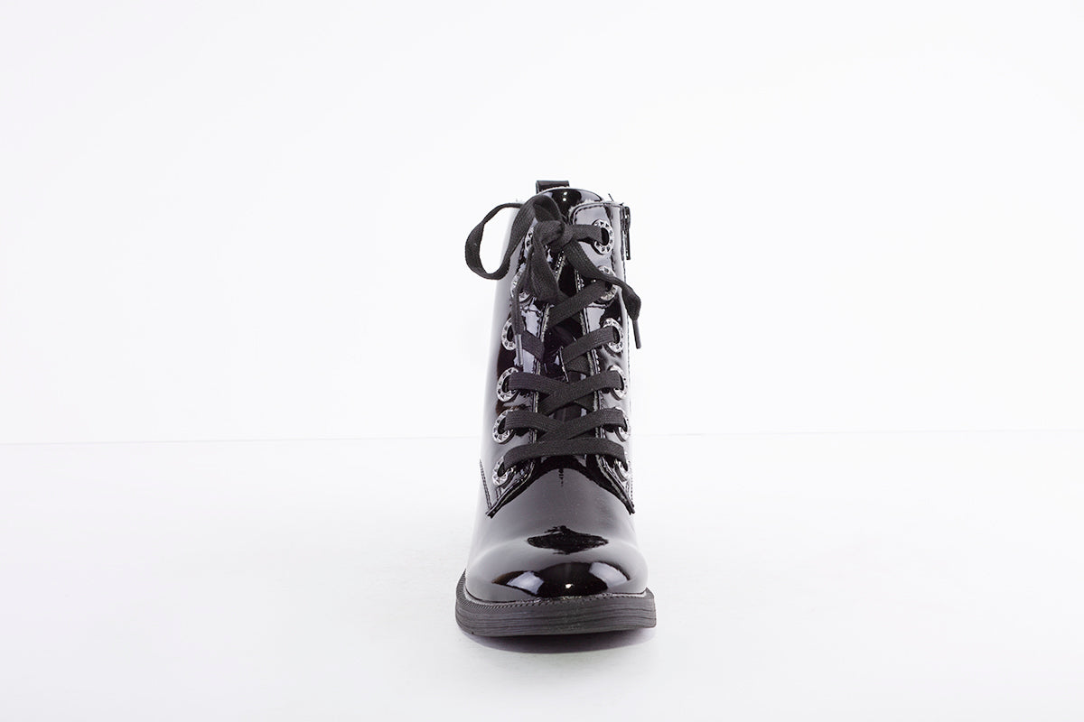 JANA - 25264-018 LOW HEEL LACE UP ANKLE BOOT WITH ZIP - BLACK PATENT