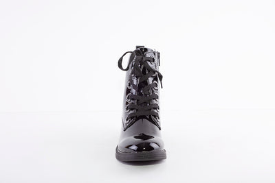 JANA - 25264-018 LOW HEEL LACE UP ANKLE BOOT WITH ZIP - BLACK PATENT