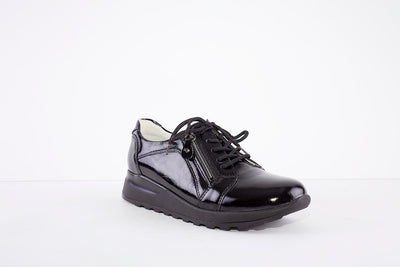 WALDLAUFER - 364023 HIROKO- LACED/ZIP LOW WEDGE SHOE - BLACK PATENT