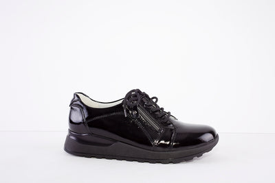 WALDLAUFER - 364023 HIROKO- LACED/ZIP LOW WEDGE SHOE - BLACK PATENT