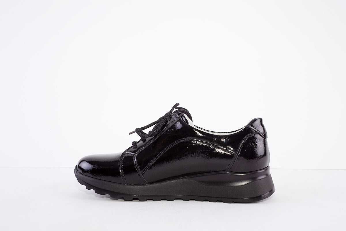 WALDLAUFER - 364023 HIROKO- LACED/ZIP LOW WEDGE SHOE - BLACK PATENT